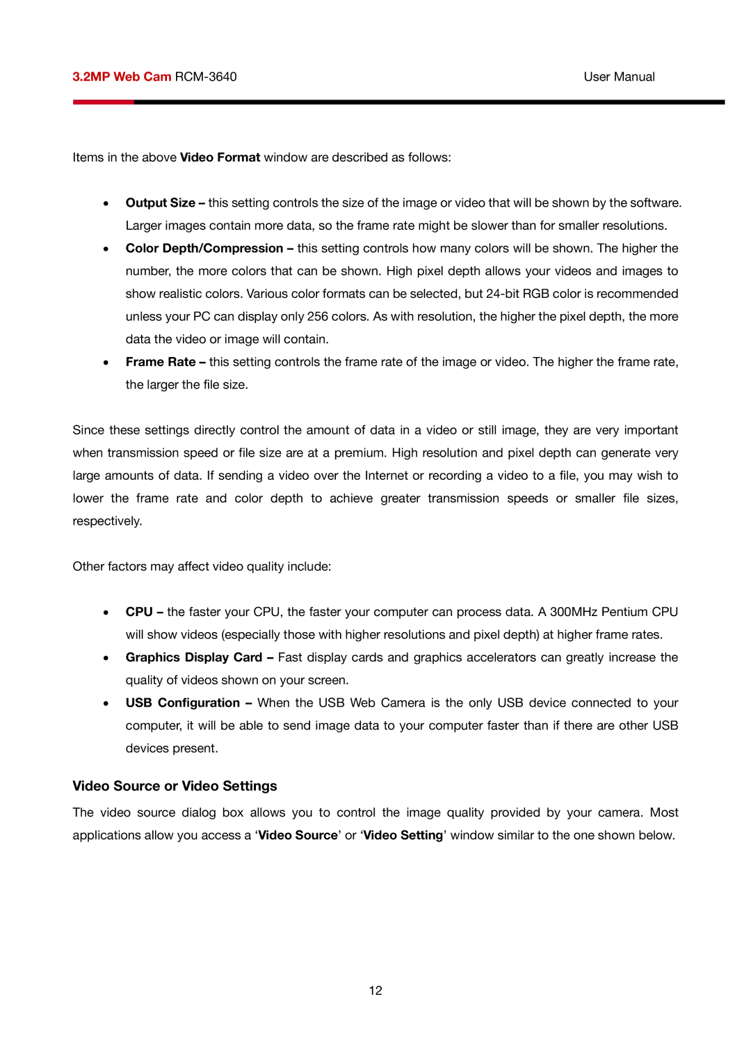 Rosewill RCM-3640 user manual Video Source or Video Settings 