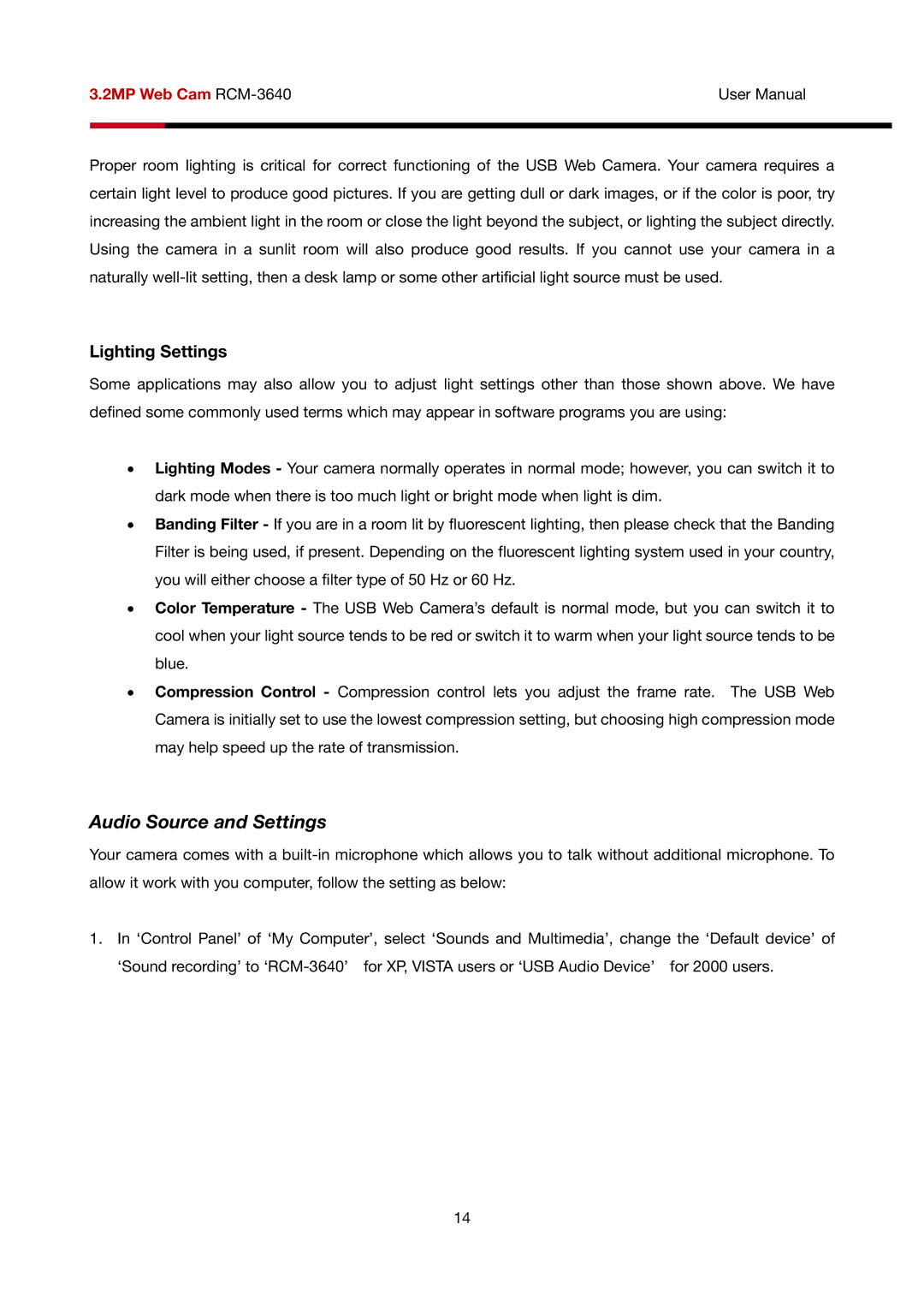 Rosewill RCM-3640 user manual Audio Source and Settings, Lighting Settings 