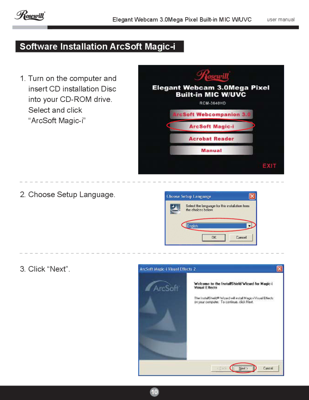 Rosewill RCM-3640HD user manual Software Installation ArcSoft Magic-i 