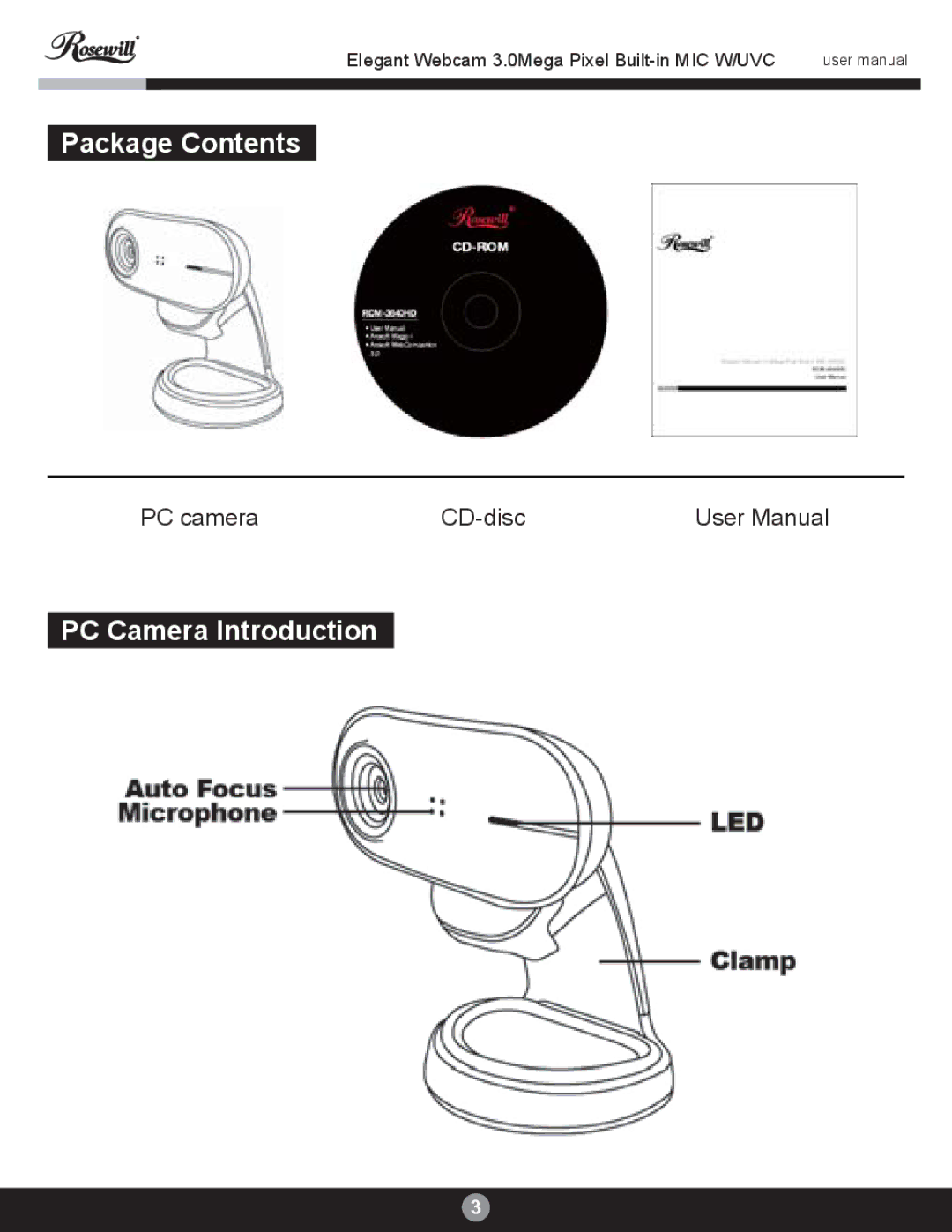 Rosewill RCM-3640HD user manual Package Contents, PC Camera Introduction 