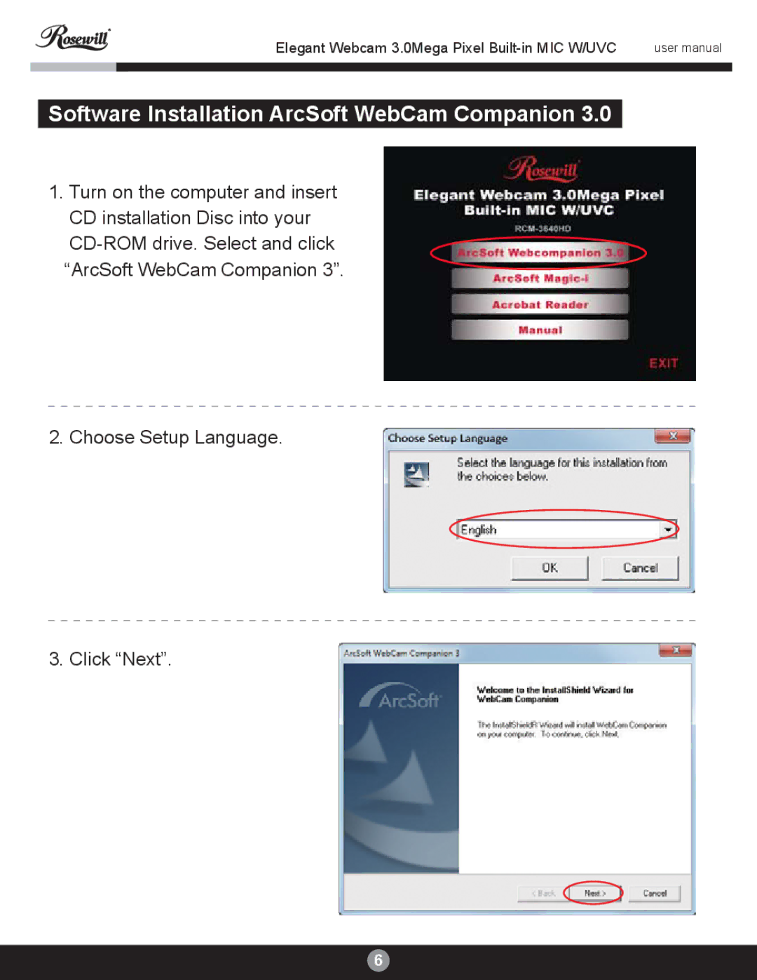 Rosewill RCM-3640HD user manual Software Installation ArcSoft WebCam Companion 