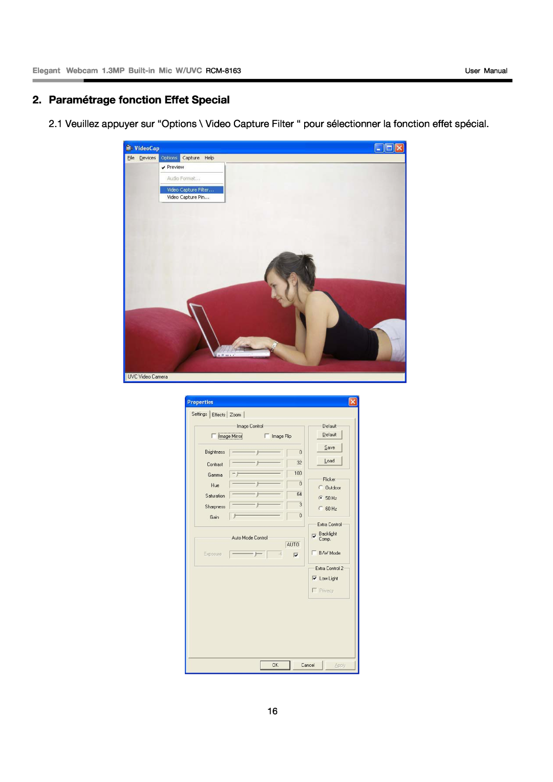 Rosewill user manual Paramétrage fonction Effet Special, Elegant Webcam 1.3MP Built-in Mic W/UVC RCM-8163, User Manual 