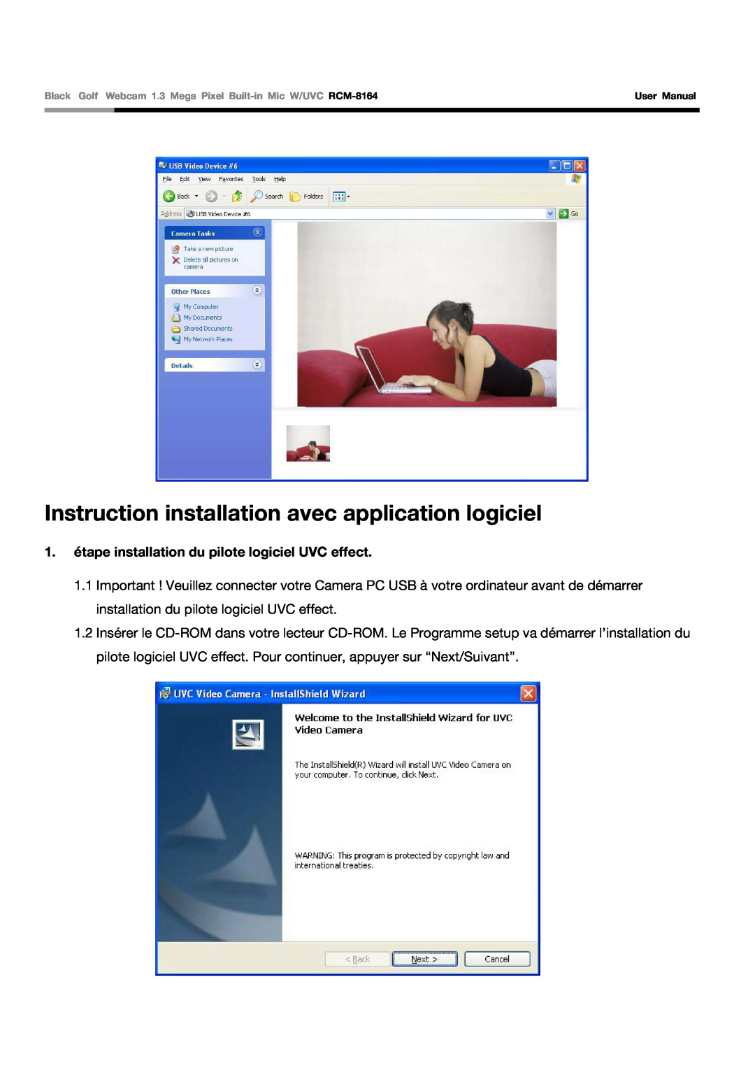 Rosewill RCM-8164 Instruction installation avec application logiciel, 1. étape installation du pilote logiciel UVC effect 