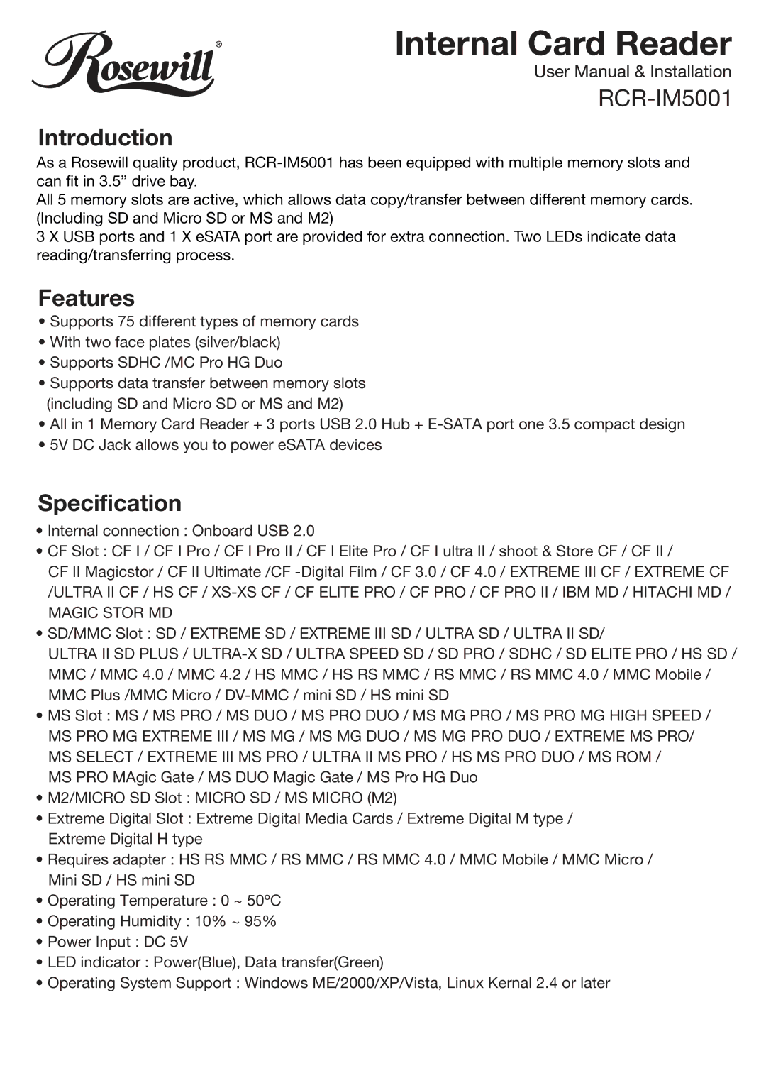 Rosewill RCR-IM5001 manual Introduction, Features, Specification 