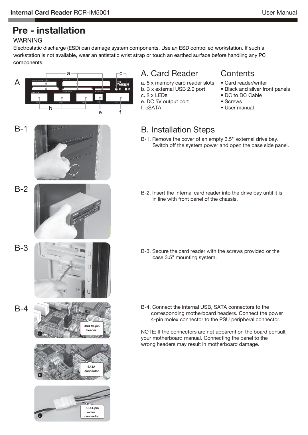 Rosewill RCR-IM5001 manual Pre installation, Card Reader Contents, Installation Steps 