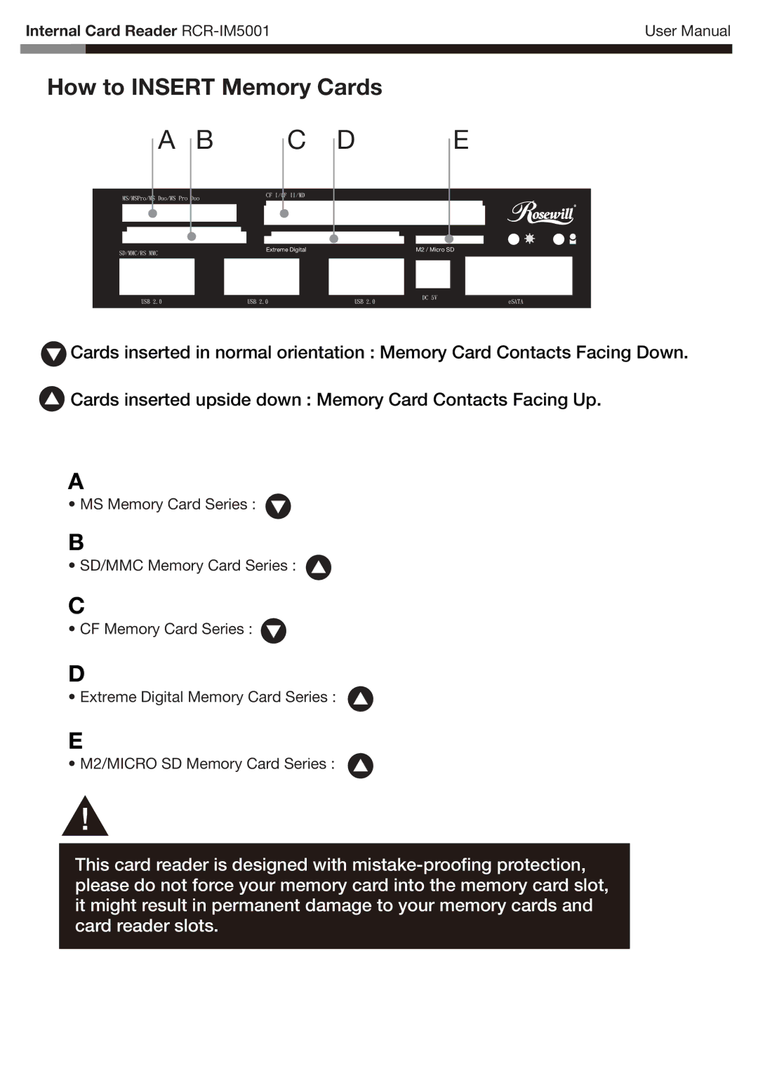 Rosewill RCR-IM5001 manual How to Insert Memory Cards 