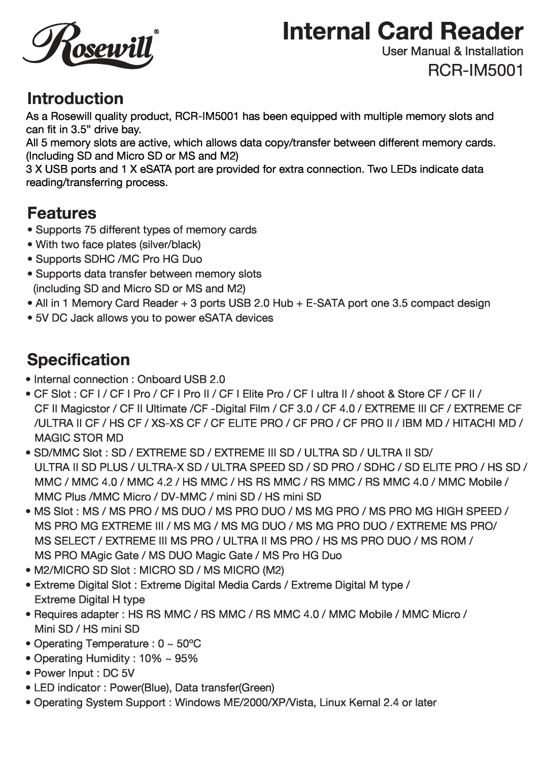 Rosewill RCR-IM5001 manual Introduction, Features, Specification 