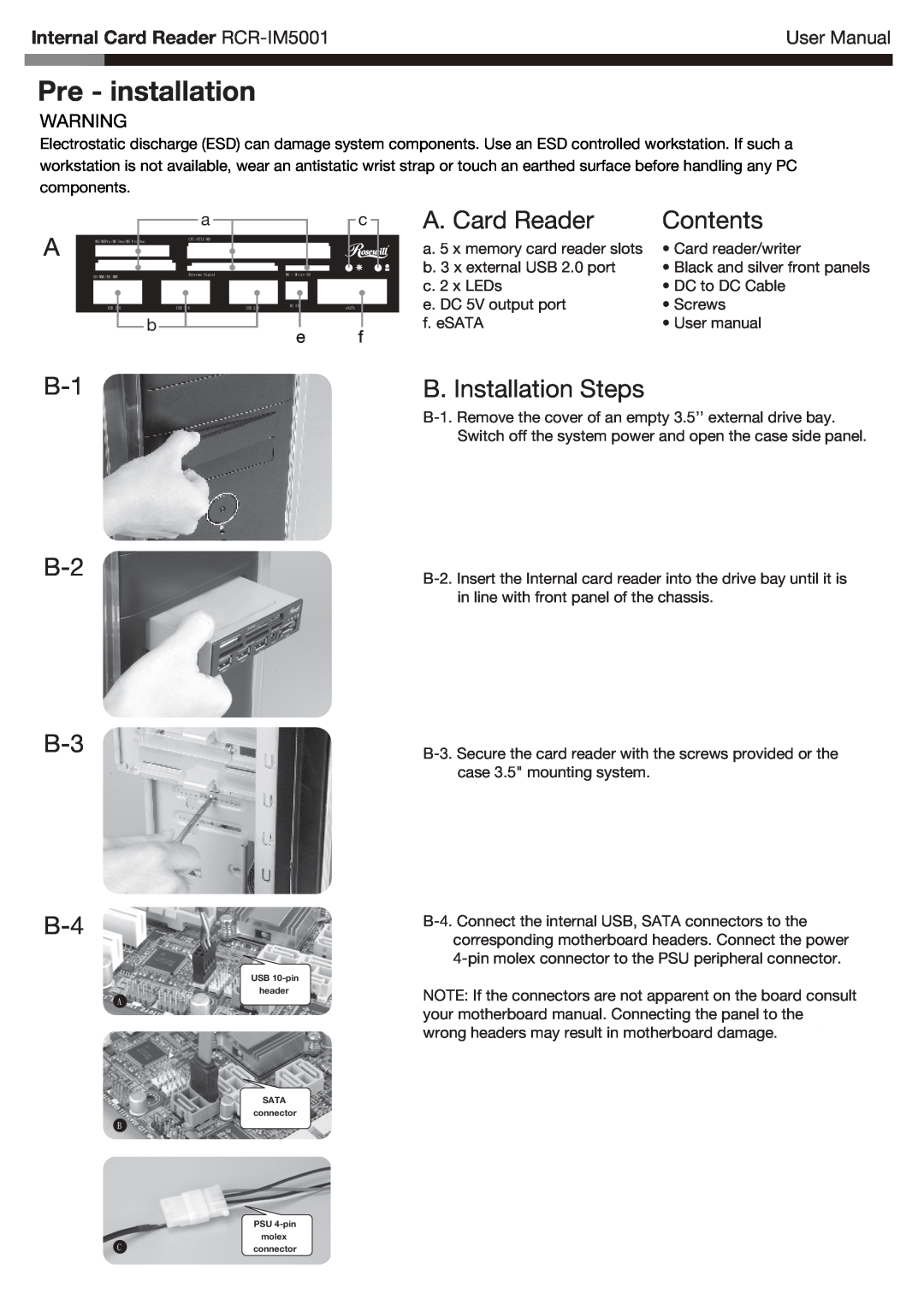 Rosewill RCR-IM5001 manual Pre - installation, A. Card Reader, Contents, B-1 B-2 B-3 B-4, B. Installation Steps 