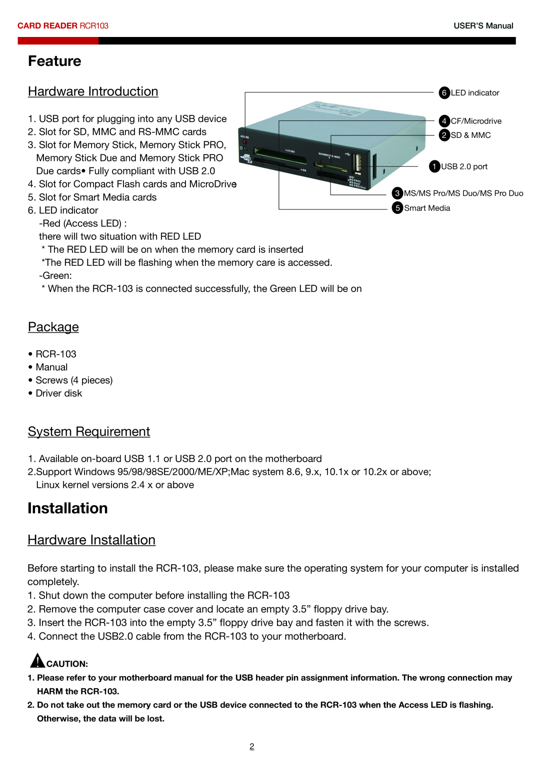 Rosewill RCR103 user manual Hardware Installation, Feature, Hardware Introduction, Package, System Requirement 