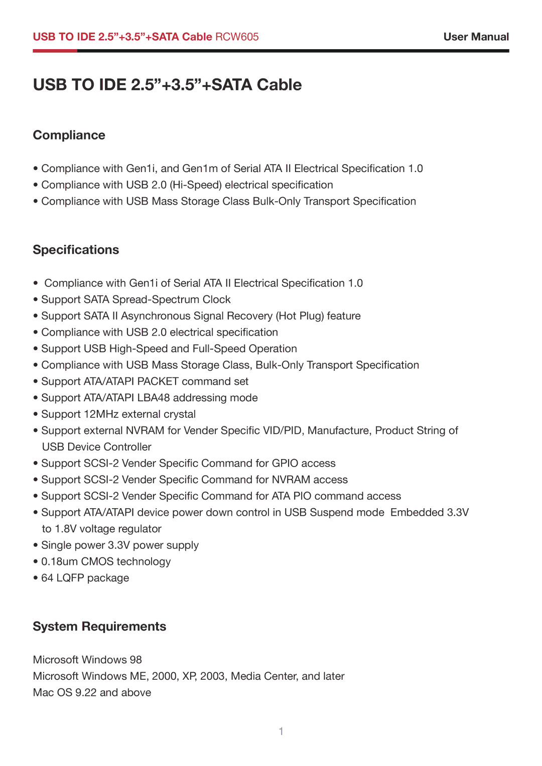 Rosewill RCW-605 user manual Compliance, Specifications, System Requirements 