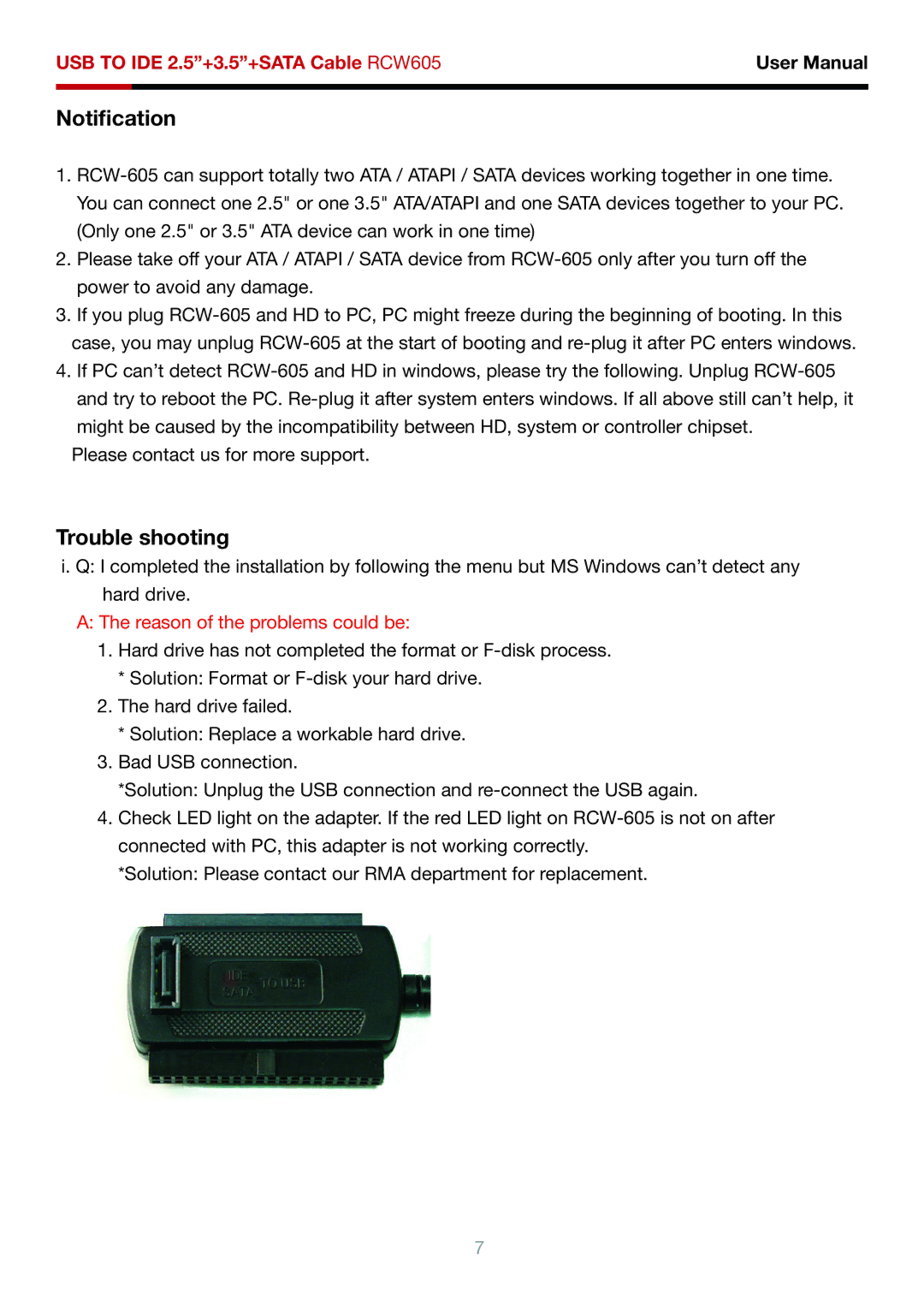 Rosewill RCW-605 user manual Notification, Trouble shooting 