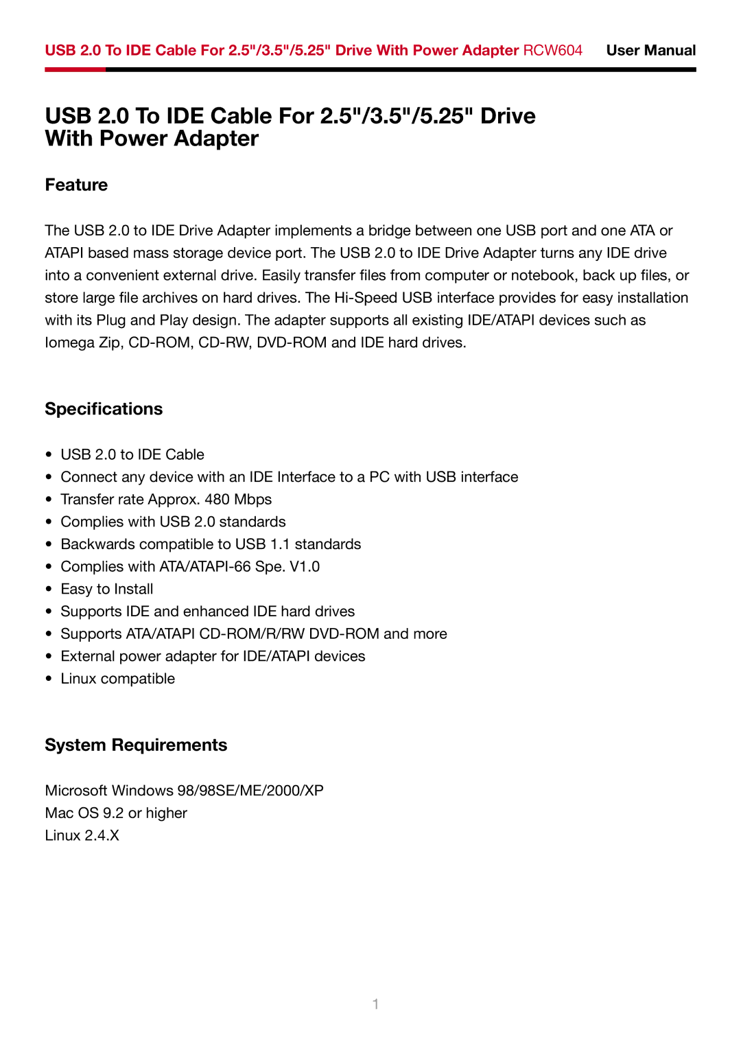 Rosewill RCW604 user manual Feature, Specifications, System Requirements 