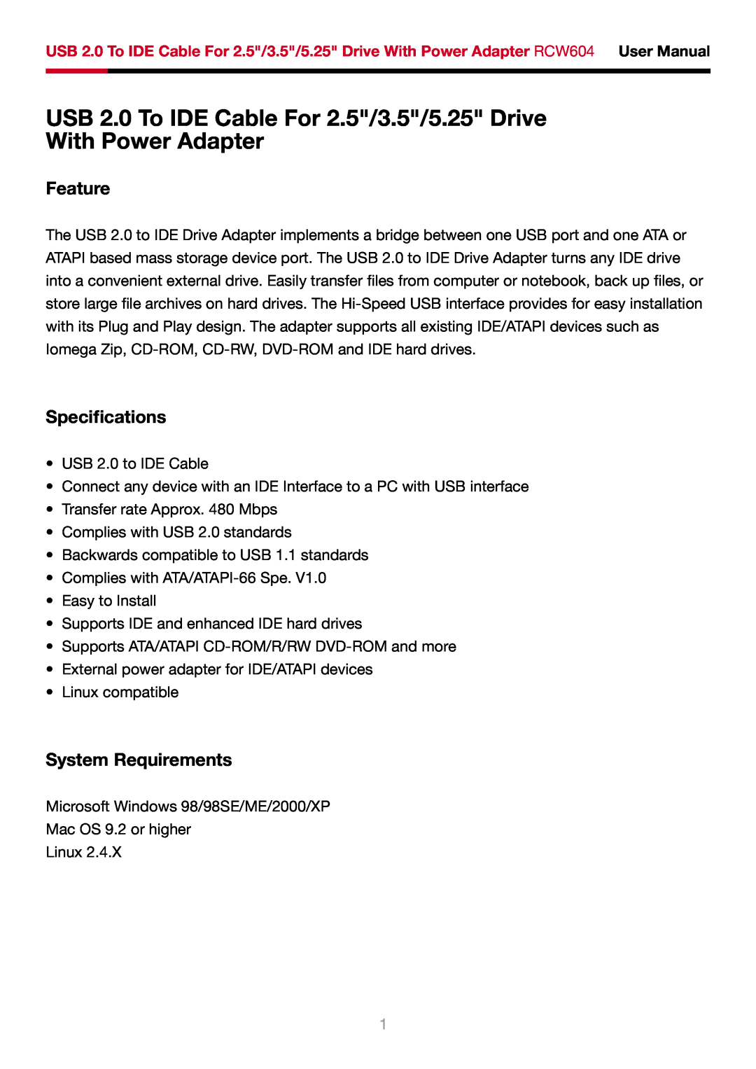 Rosewill RCW604 user manual Feature, Specifications, System Requirements 