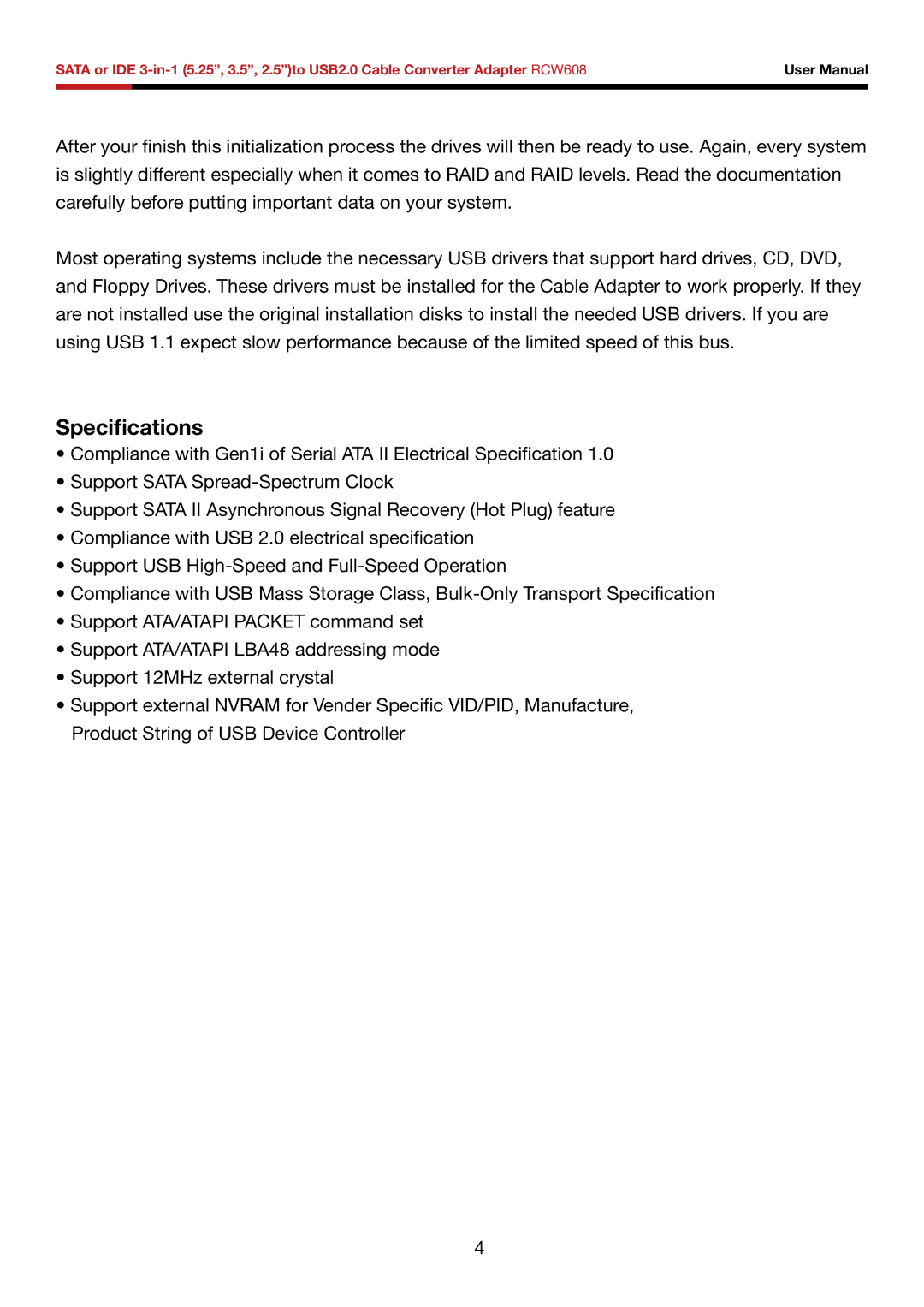 Rosewill RCW608 user manual Specifications 