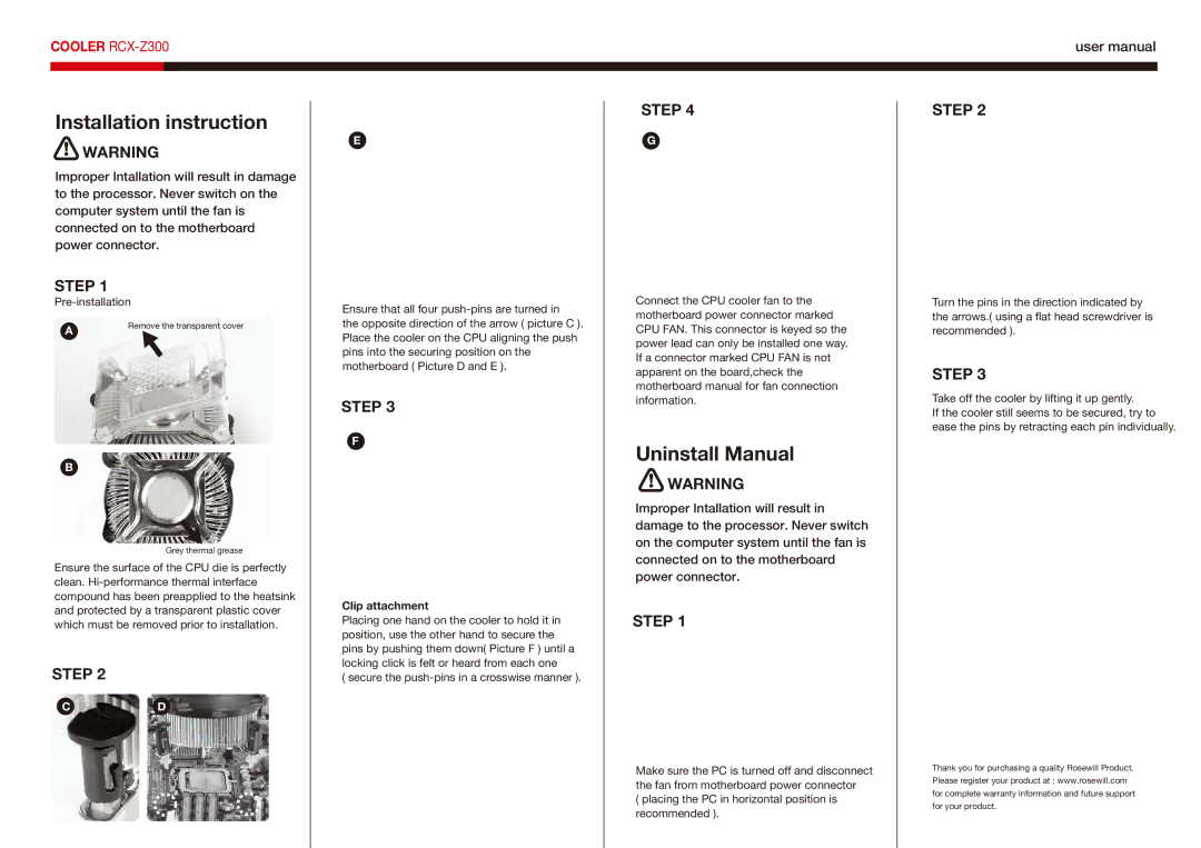 Rosewill RCX-Z300 user manual Installation instruction, Uninstall Manual, Step, Clip attachment 