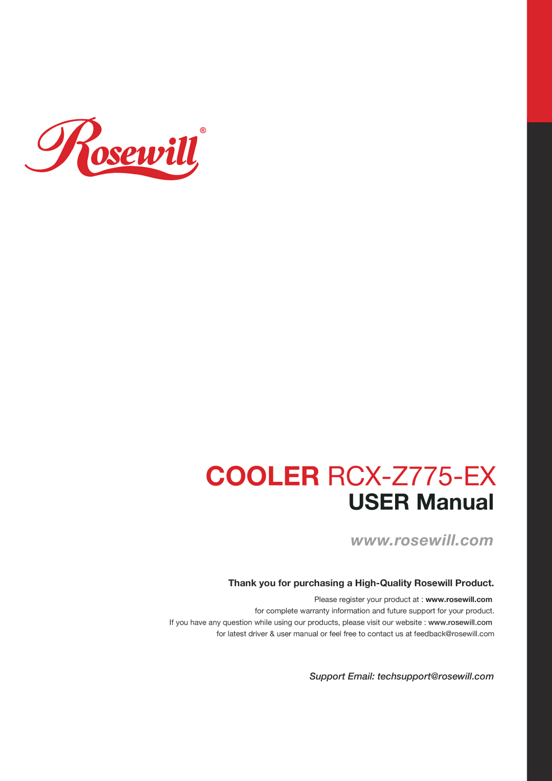 Rosewill RCX-Z755-EX user manual Cooler RCX-Z775-EX, Thank you for purchasing a High-Quality Rosewill Product 