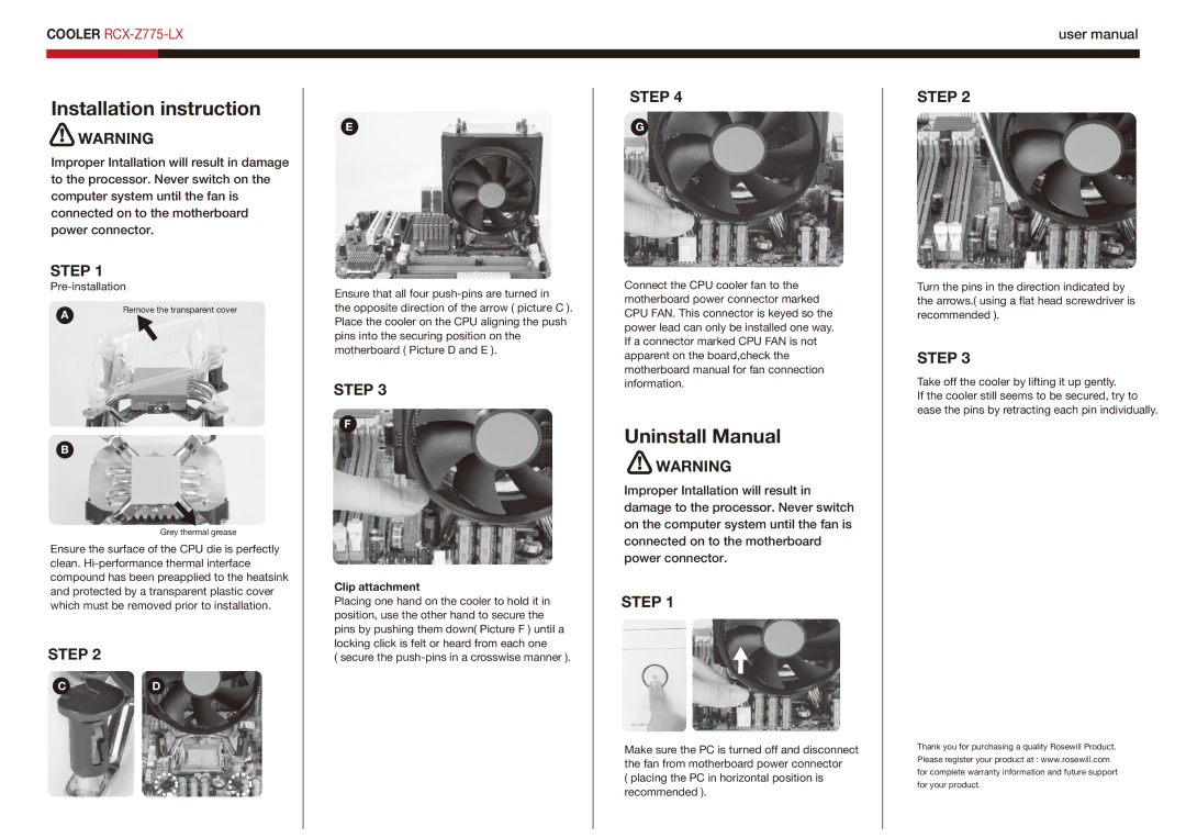 Rosewill RCX-Z775-LX user manual Installation instruction, Uninstall Manual, Step, Clip attachment 