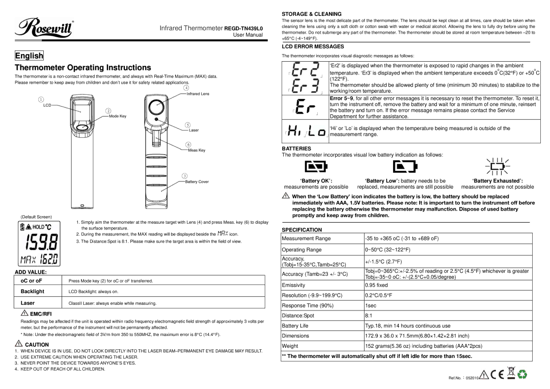 Rosewill REGO-TN439LO user manual Storage & Cleaning, LCD Error Messages, Batteries, ADD Value, Emc/Rfi, Specification 