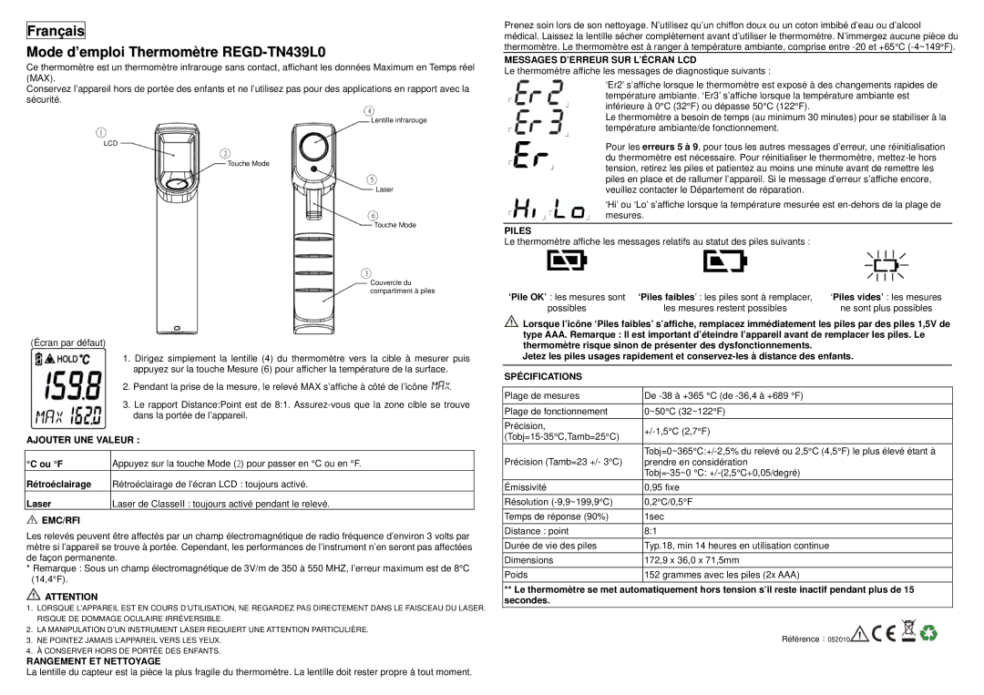 Rosewill REGO-TN439LO Messages D’ERREUR SUR L’ÉCRAN LCD, Ajouter UNE Valeur, Rangement ET Nettoyage, Piles, Spécifications 