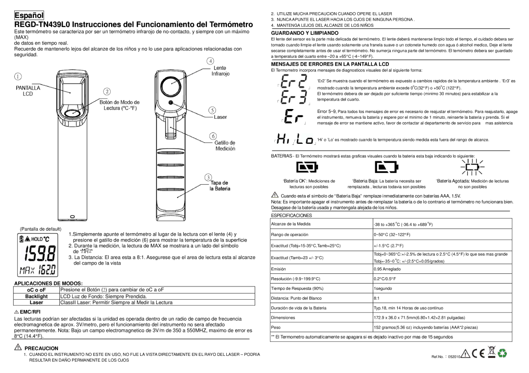 Rosewill REGO-TN439LO Aplicaciones DE Modos, Guardando Y Limpiando, Mensajes DE Errores EN LA Pantalla LCD, Precaucion 