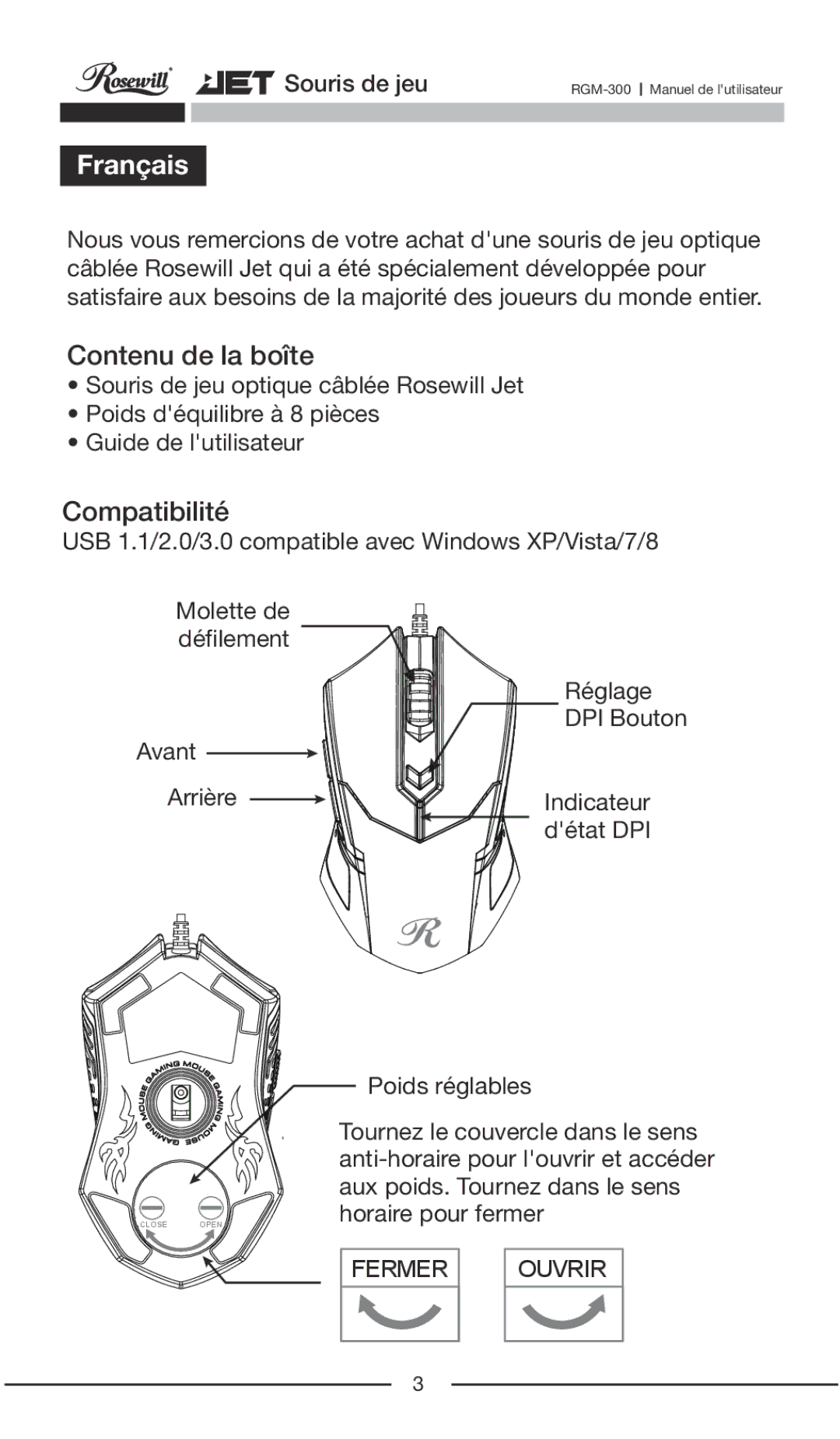 Rosewill RGM-300 user manual Français, Contenu de la boîte, Compatibilité 