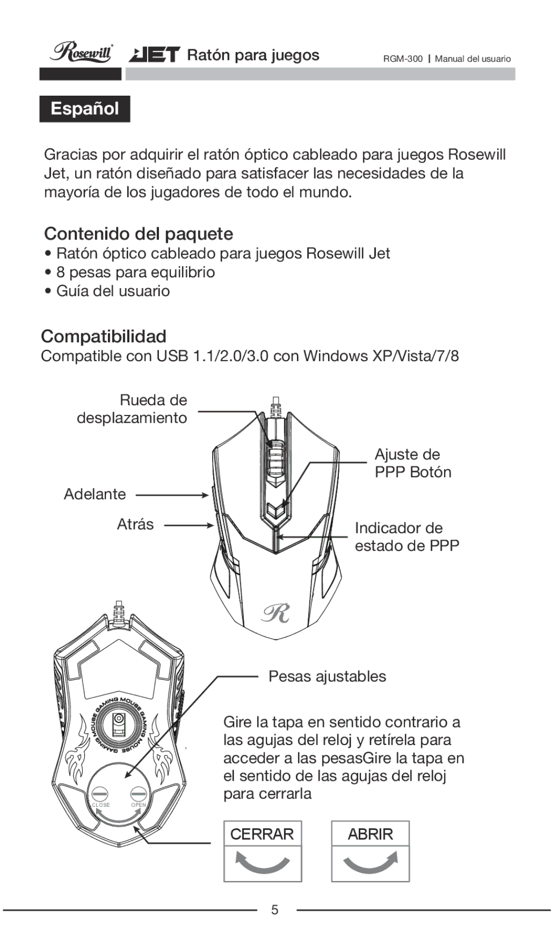 Rosewill RGM-300 user manual Español, Contenido del paquete, Compatibilidad 