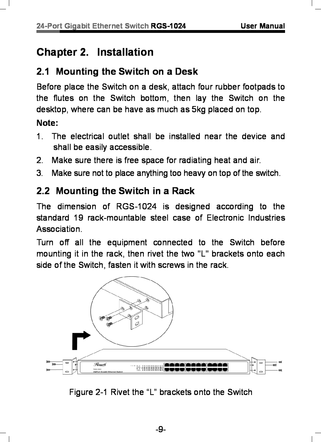 Rosewill RGS-1024 user manual Installation, Mounting the Switch on a Desk, Mounting the Switch in a Rack 