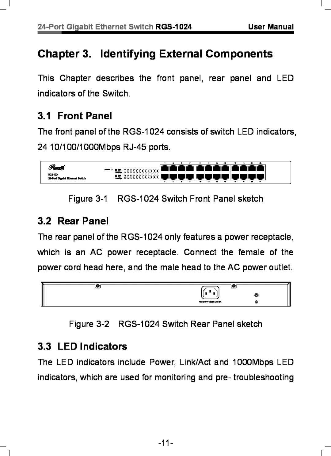Rosewill RGS-1024 user manual Identifying External Components, Front Panel, Rear Panel, LED Indicators 