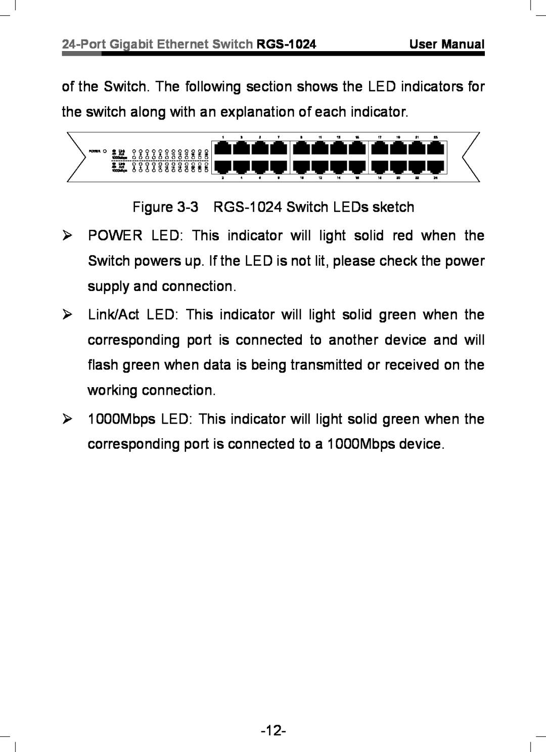Rosewill user manual 3 RGS-1024 Switch LEDs sketch 