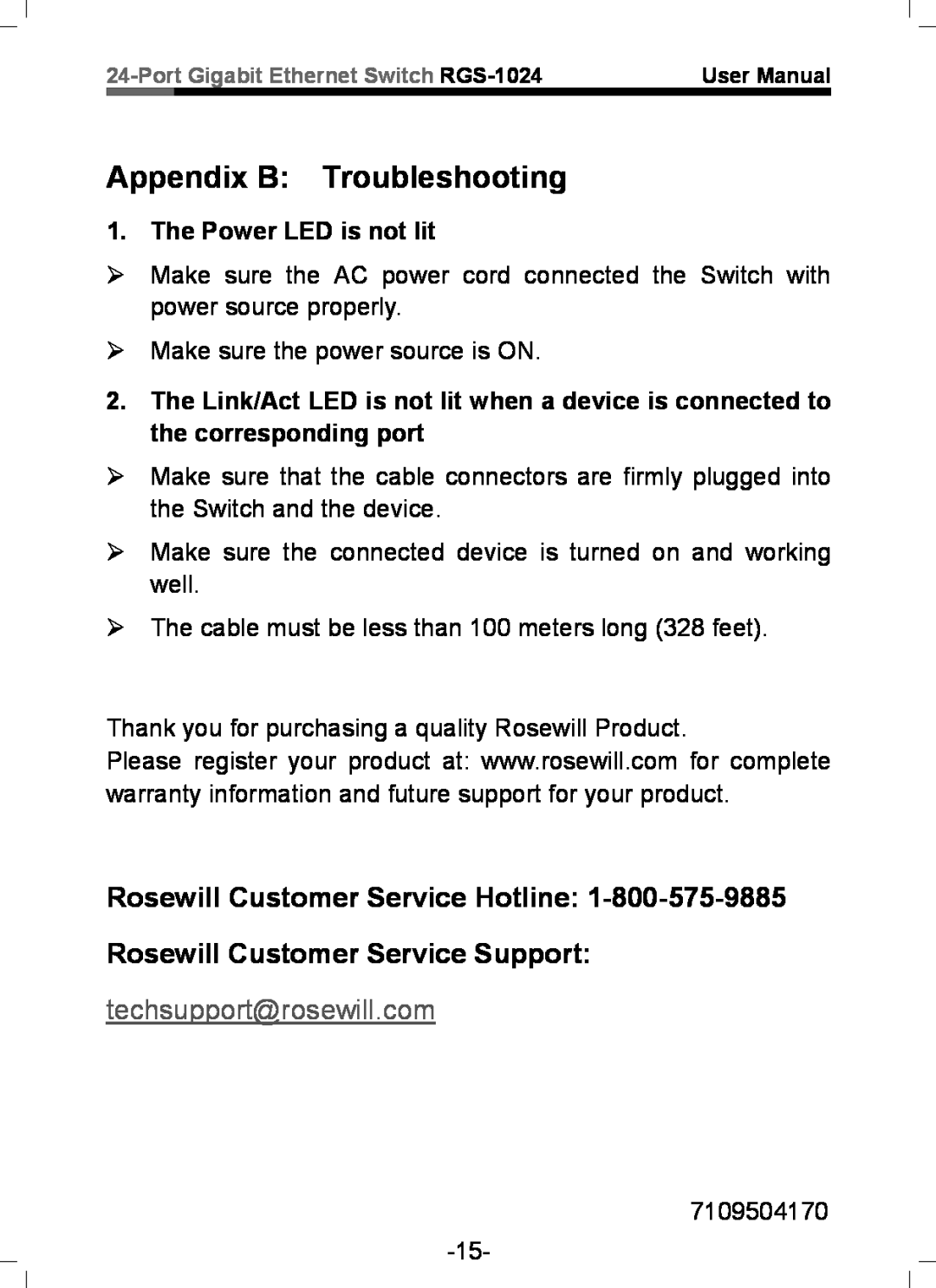 Rosewill RGS-1024 Appendix B Troubleshooting, Rosewill Customer Service Hotline Rosewill Customer Service Support 
