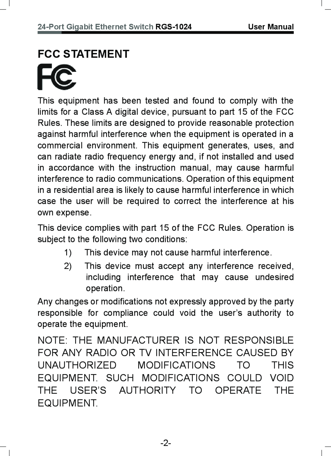 Rosewill RGS-1024 user manual Fcc Statement 
