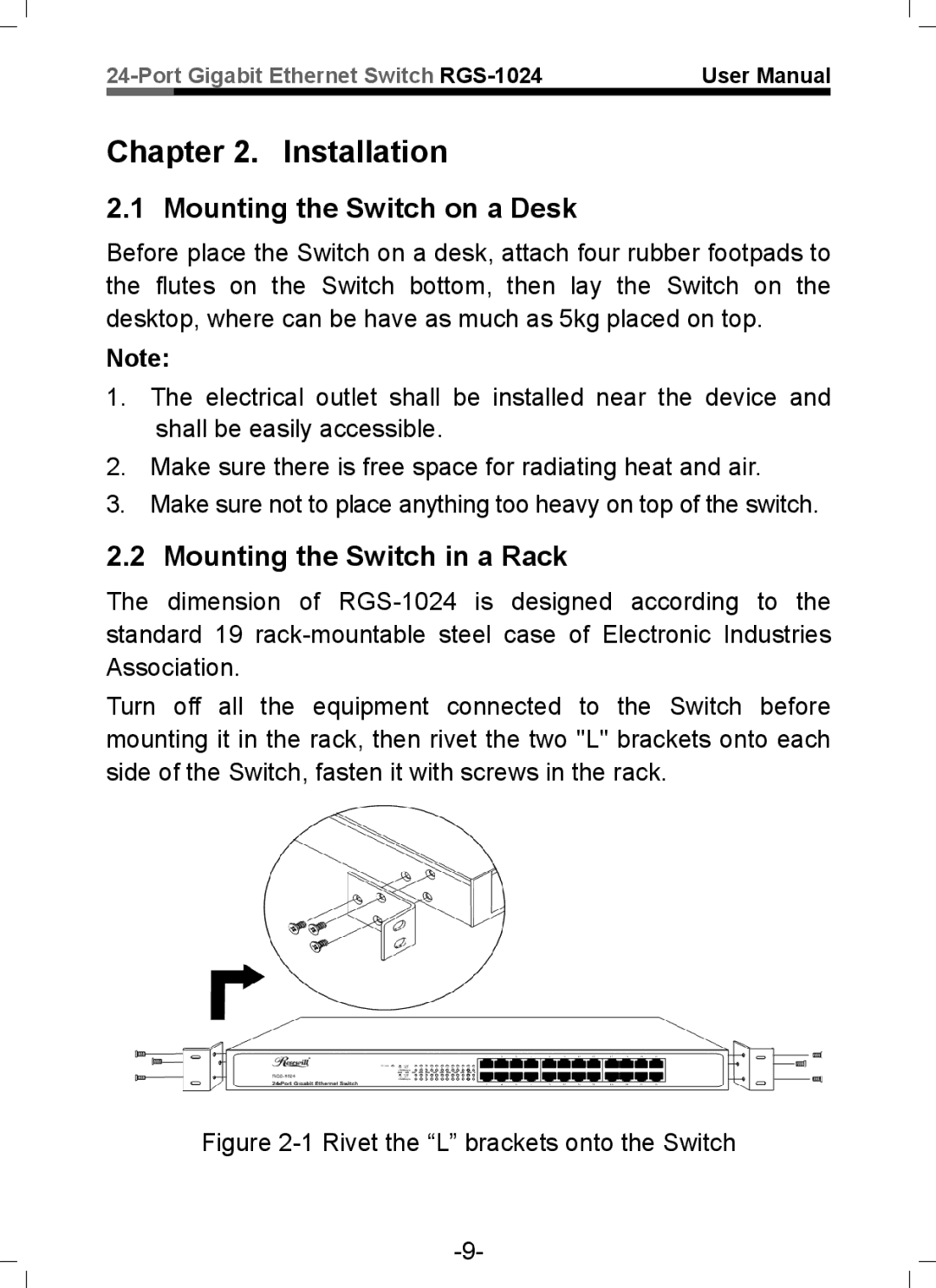 Rosewill RGS-1024 user manual Installation, Mounting the Switch on a Desk, Mounting the Switch in a Rack 