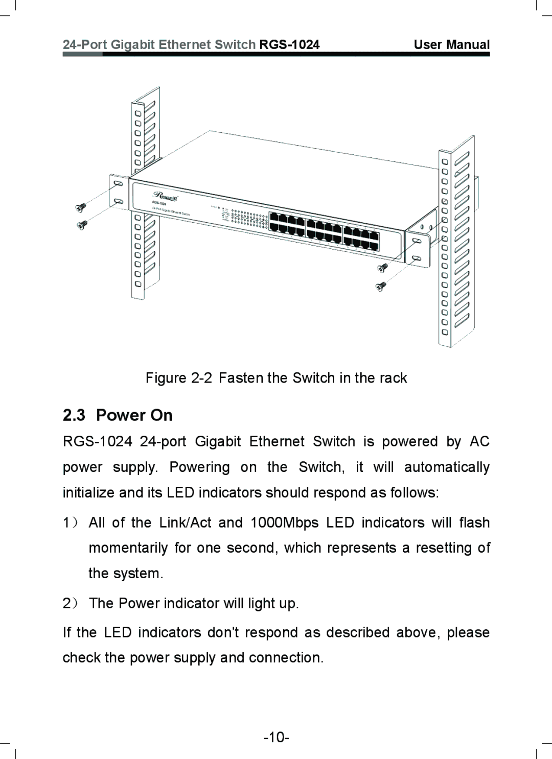 Rosewill RGS-1024 user manual Power On, Fasten the Switch in the rack 