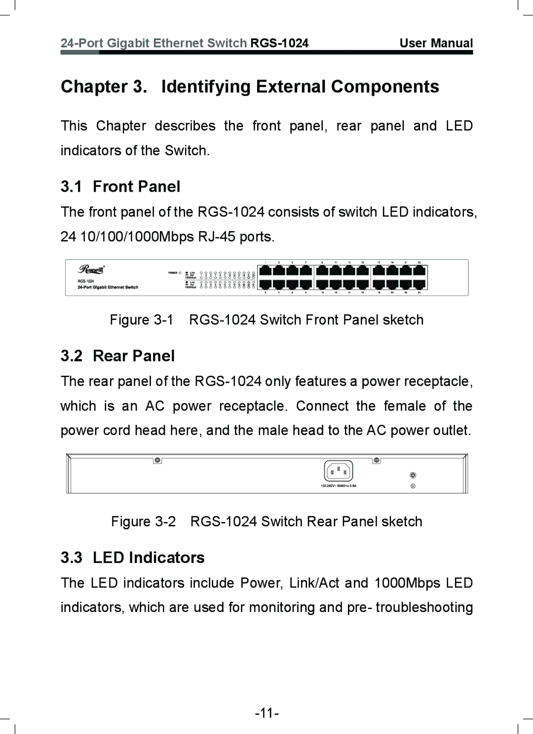 Rosewill RGS-1024 user manual Identifying External Components, Front Panel, Rear Panel, LED Indicators 