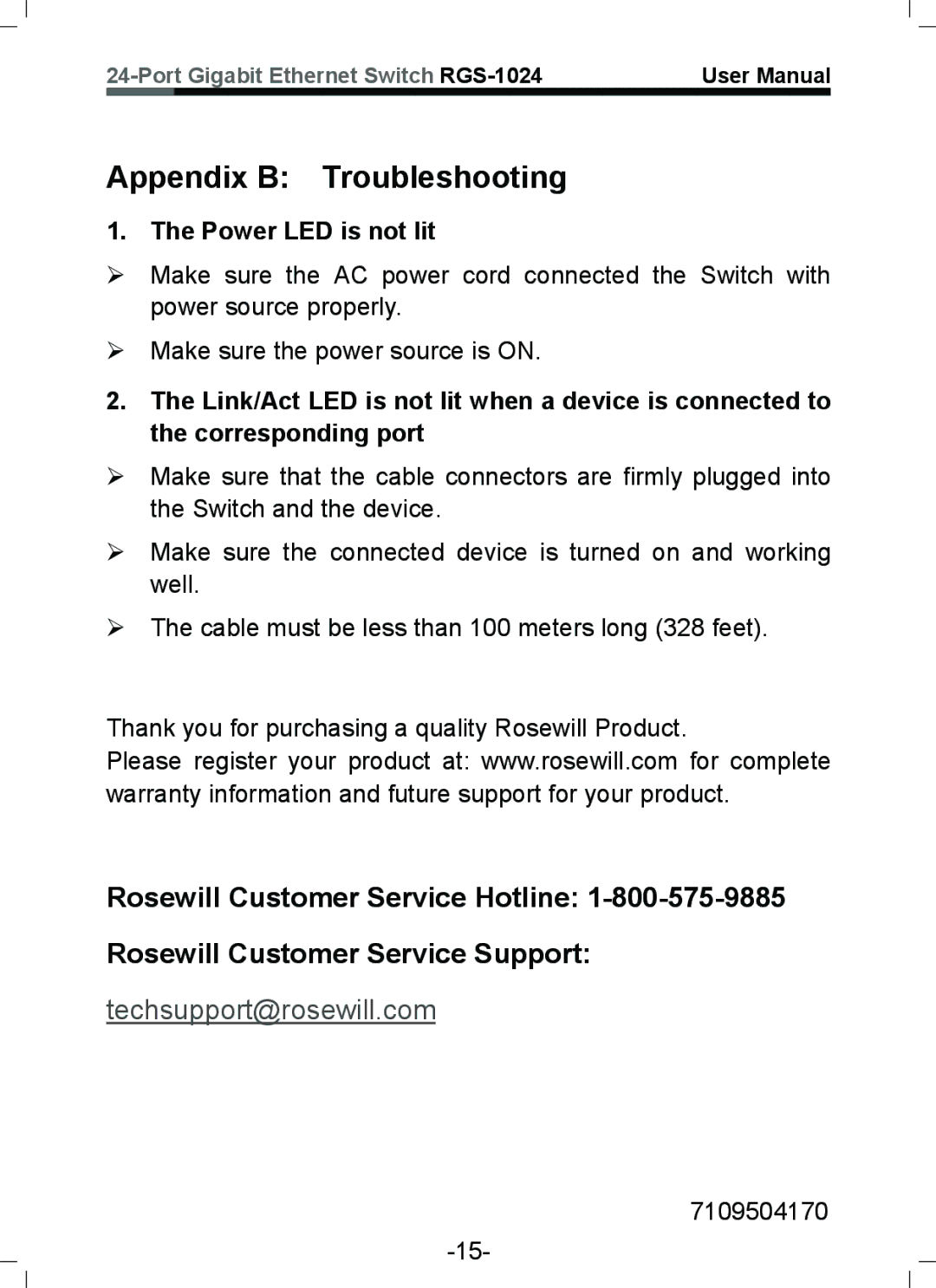 Rosewill RGS-1024 user manual Appendix B Troubleshooting, Power LED is not lit 