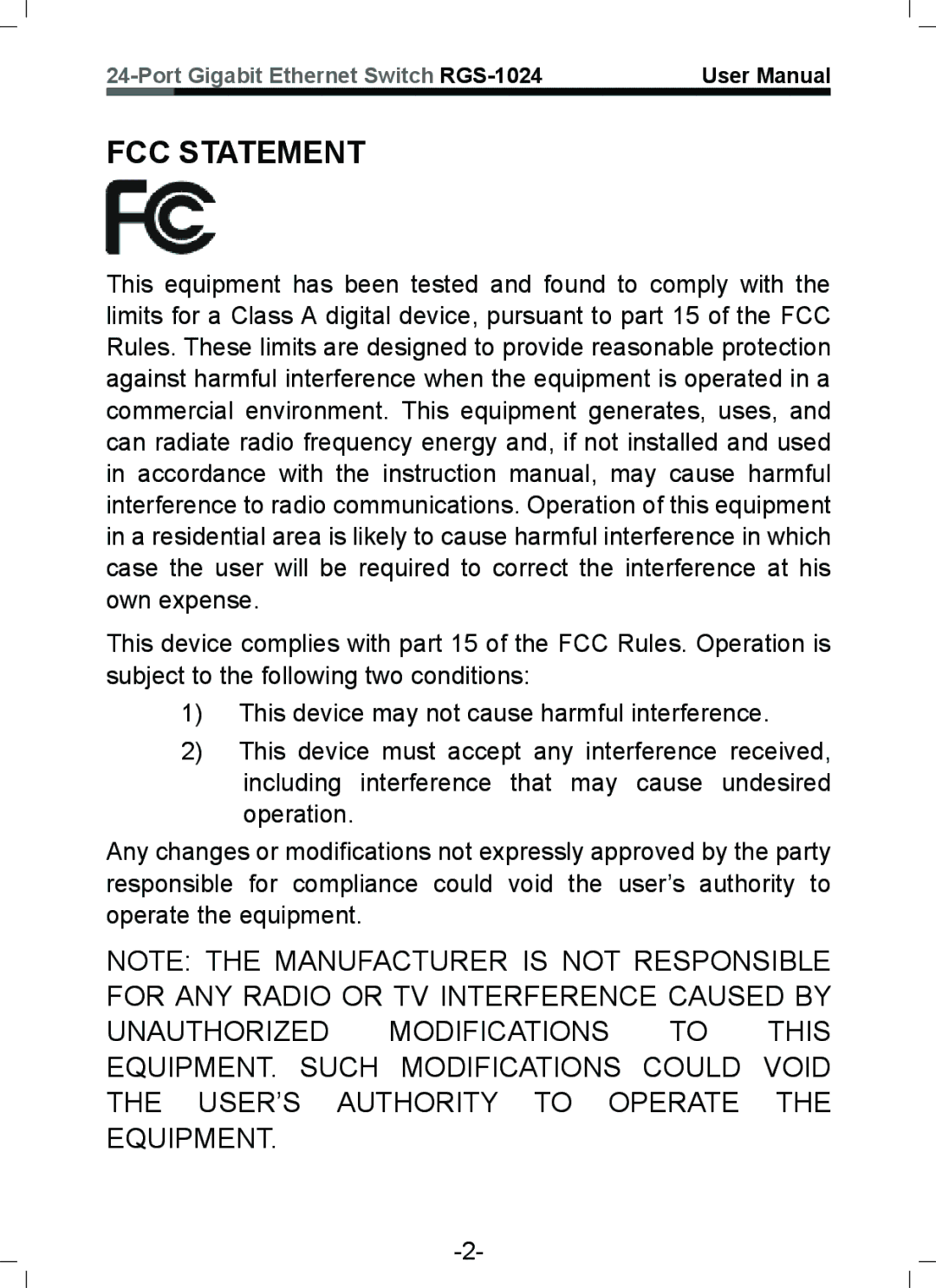 Rosewill RGS-1024 user manual FCC Statement 