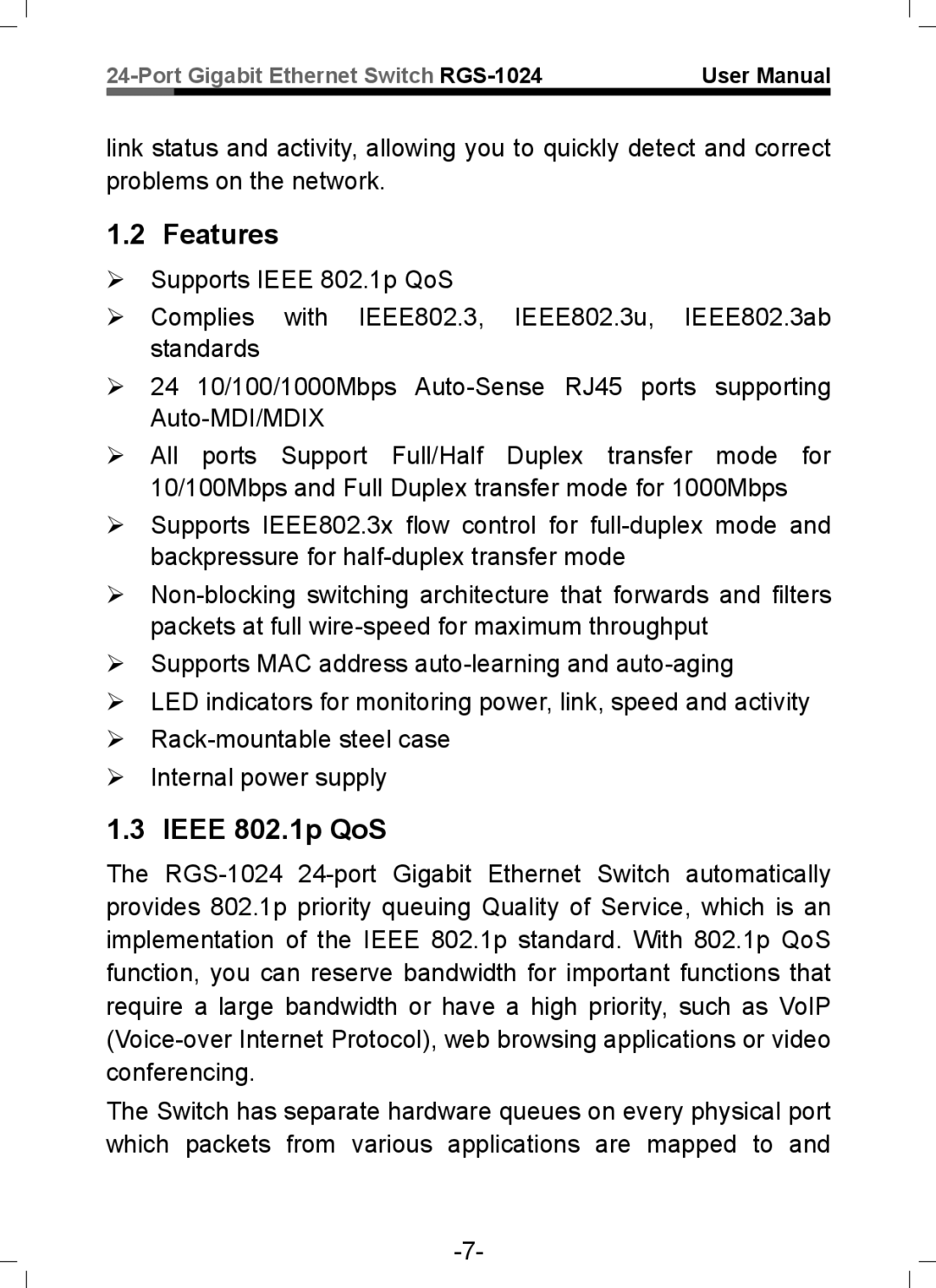 Rosewill RGS-1024 user manual Features, Ieee 802.1p QoS 