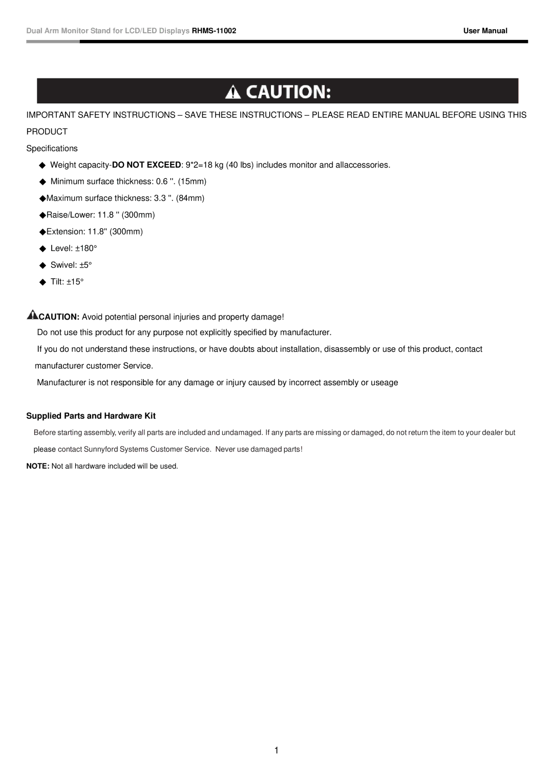 Rosewill RHMS-11002 user manual Supplied Parts and Hardware Kit 