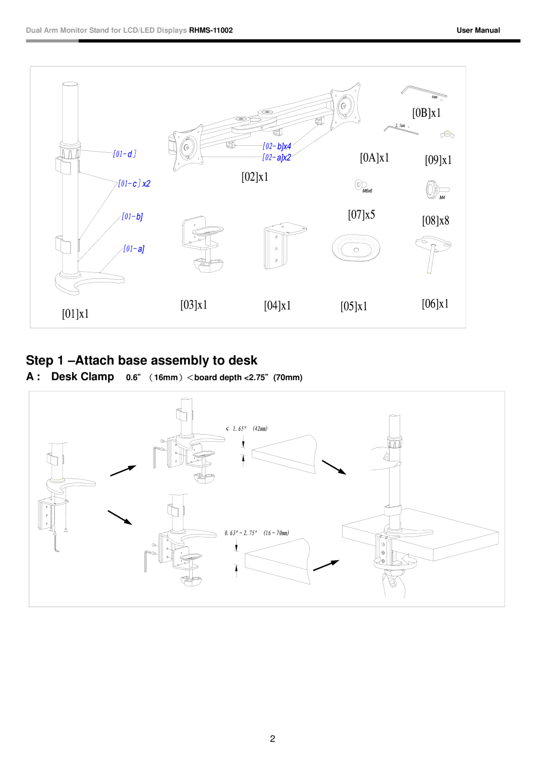 Rosewill RHMS-11002 user manual Attach base assembly to desk, Desk Clamp 