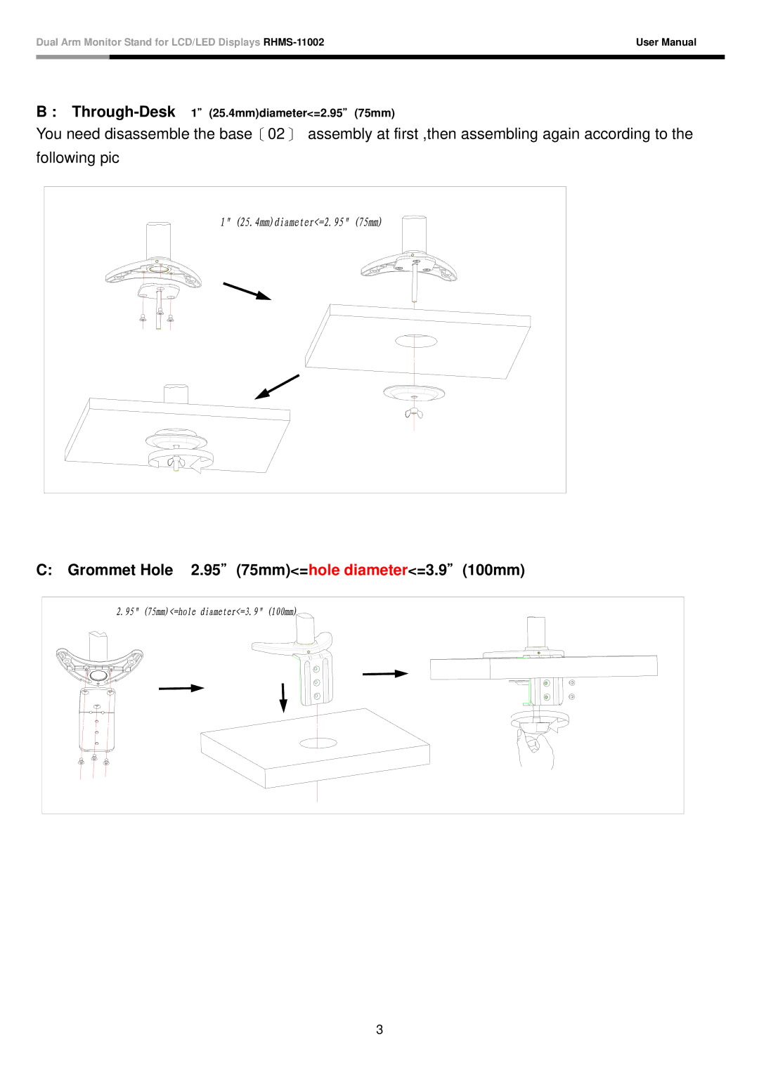 Rosewill RHMS-11002 user manual Grommet Hole 95＂75mm=hole diameter=3.9＂100mm 