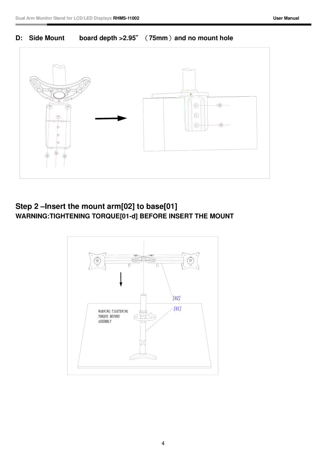 Rosewill RHMS-11002 user manual Insert the mount arm02 to base01 