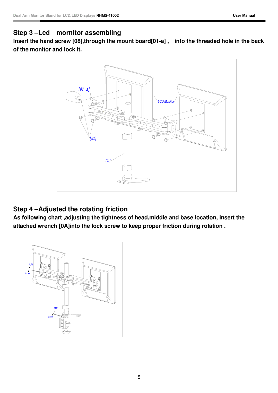 Rosewill RHMS-11002 user manual Lcd mornitor assembling, Adjusted the rotating friction 