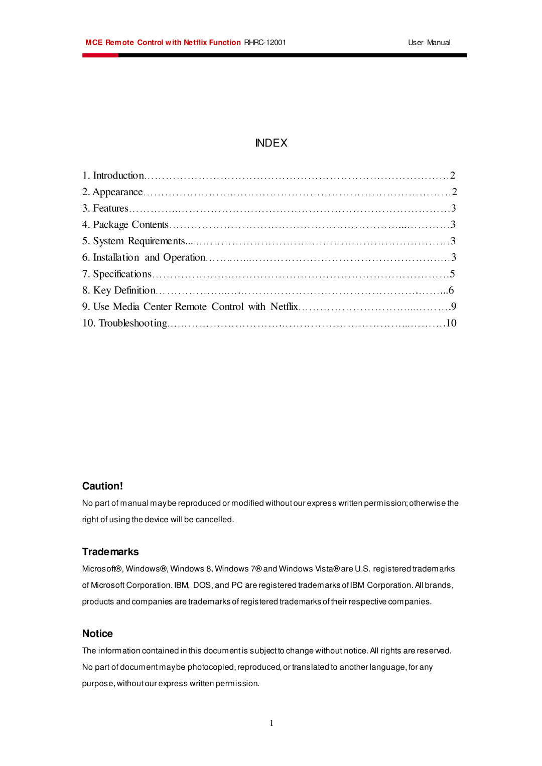 Rosewill RHRC-12001 user manual Index 