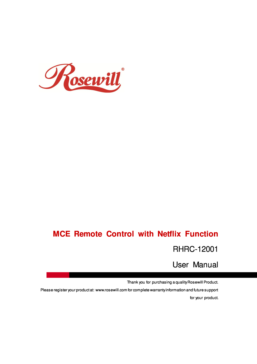 Rosewill RHRC-12001 user manual MCE Remote Control with Netflix Function 