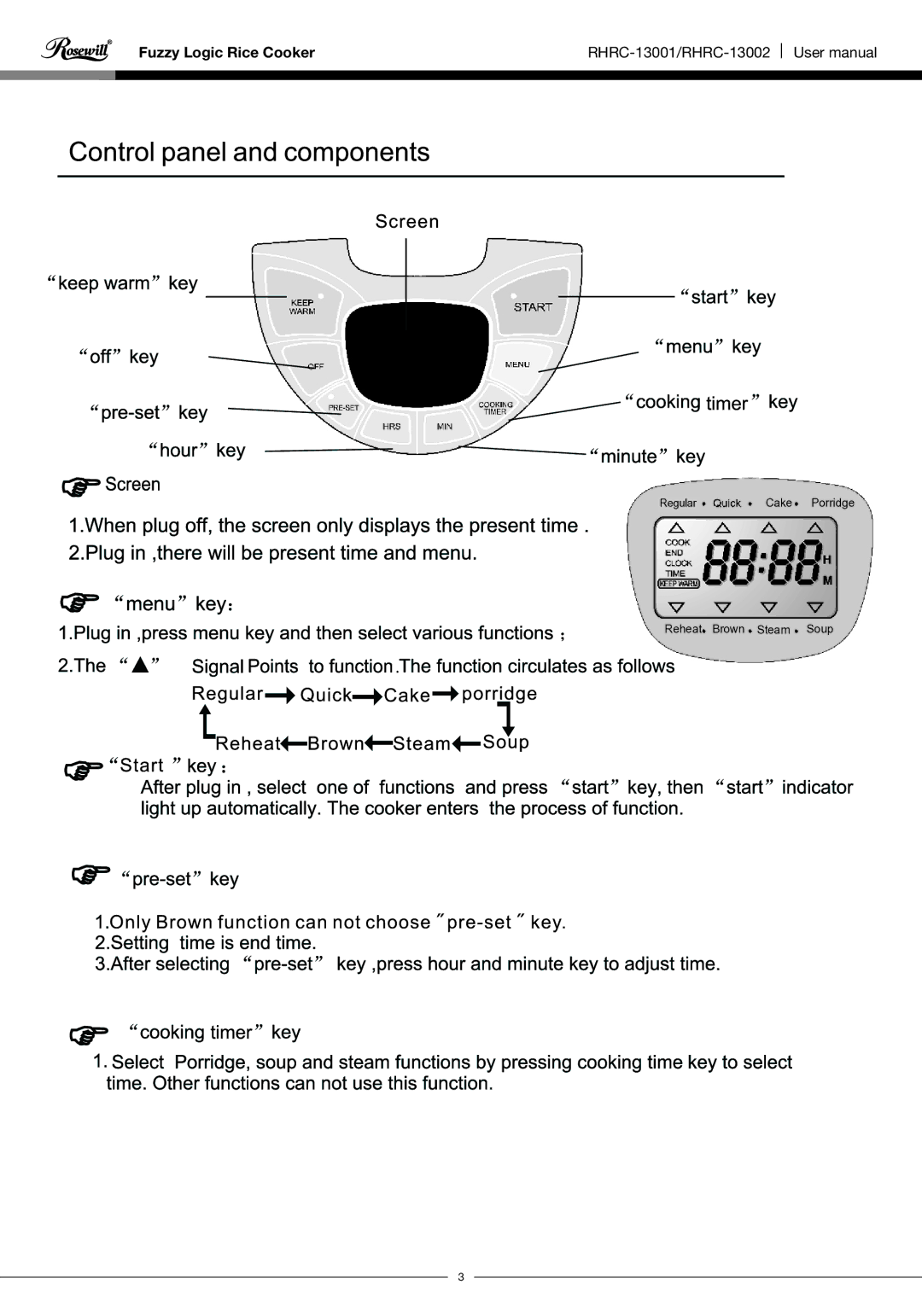 Rosewill RHRC-13001 user manual Regular Cake Porridge Reheat Brown Steam Soup 