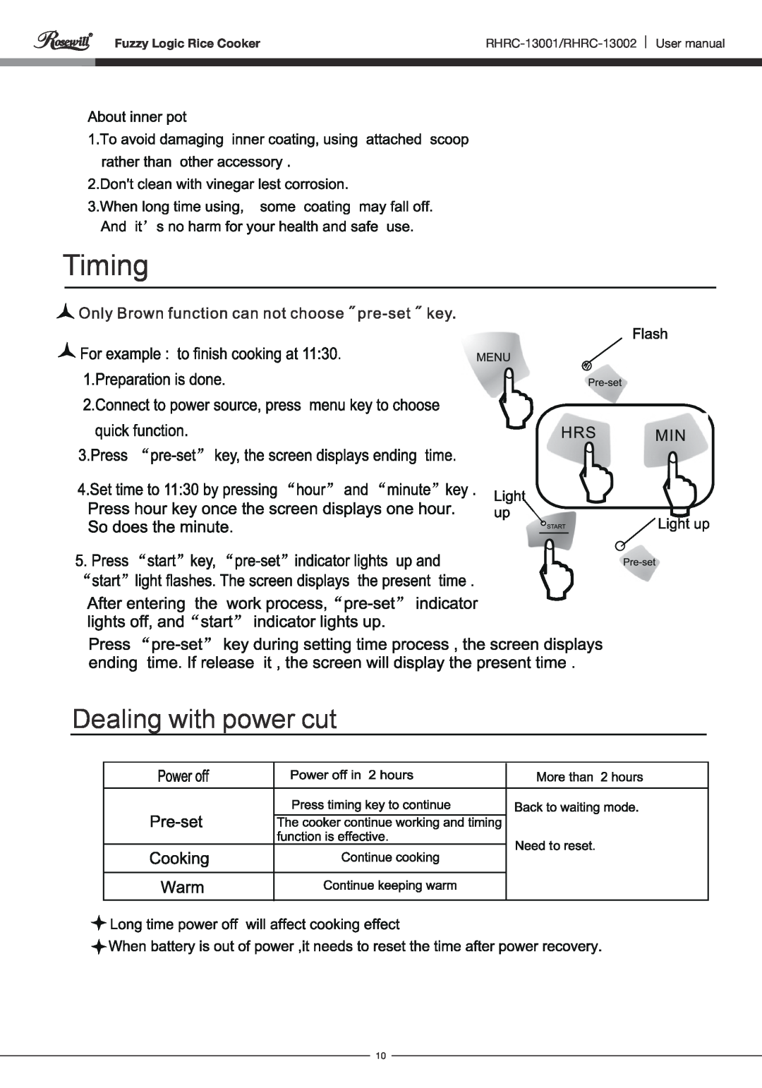 Rosewill user manual Dealing with power cut, Timing, Fuzzy Logic Rice Cooker, RHRC-13001/RHRC-13002 