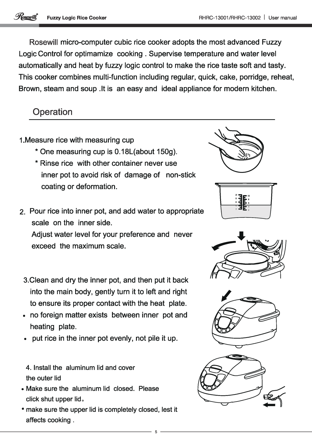 Rosewill user manual Fuzzy Logic Rice Cooker, RHRC-13001/RHRC-13002 