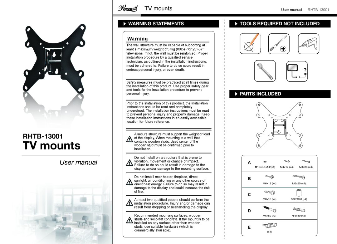 Rosewill RHTB-13001 user manual TV mounts, Tools Required not Included Parts Included 