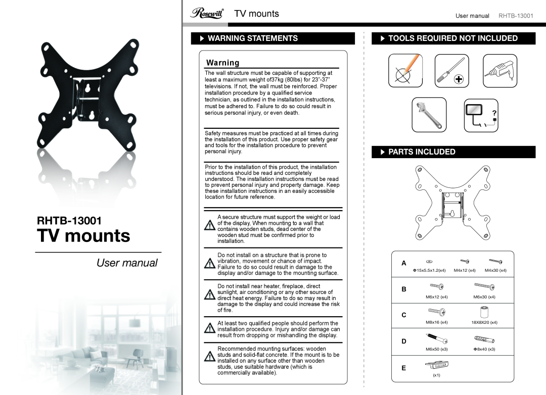 Rosewill RHTB-13001 user manual TV mounts, Warning Statements, Tools Required Not Included, Parts Included, User manual 