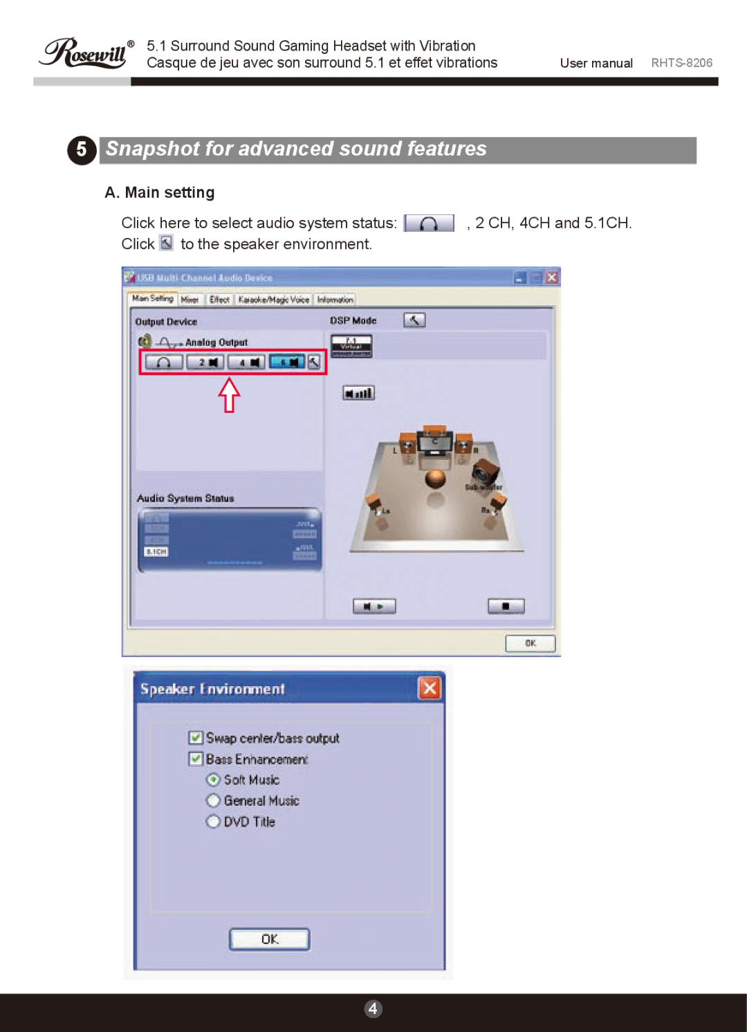 Rosewill RHTS-8206 user manual Snapshot for advanced sound features, Main setting 